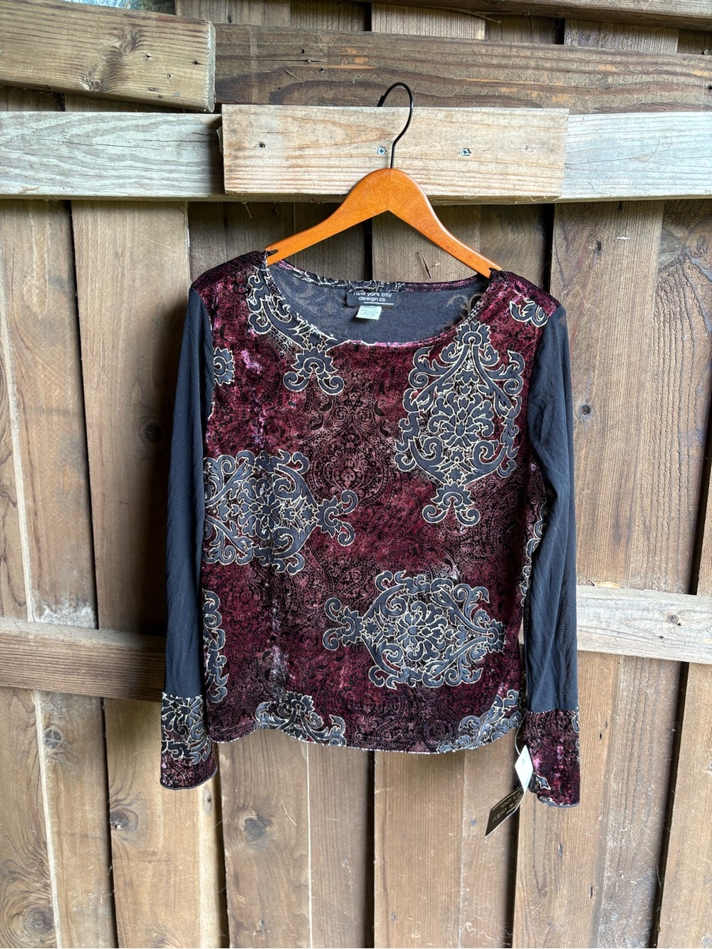 NWT Vintage Whimsigoth Burgundy Velvet Mesh Long Sleeve Top